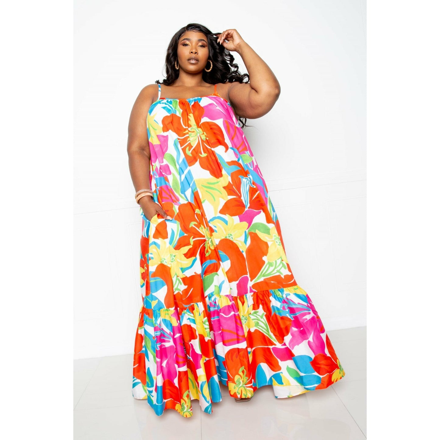 Plus-size Orange Floral Voluminous Maxi Dress