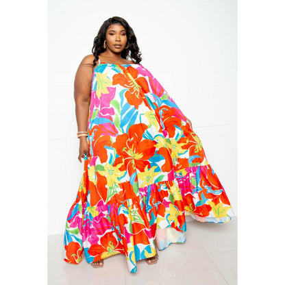 Plus-size Orange Floral Voluminous Maxi Dress