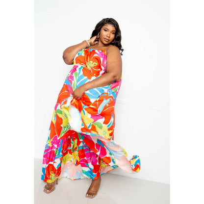 Plus-size Orange Floral Voluminous Maxi Dress