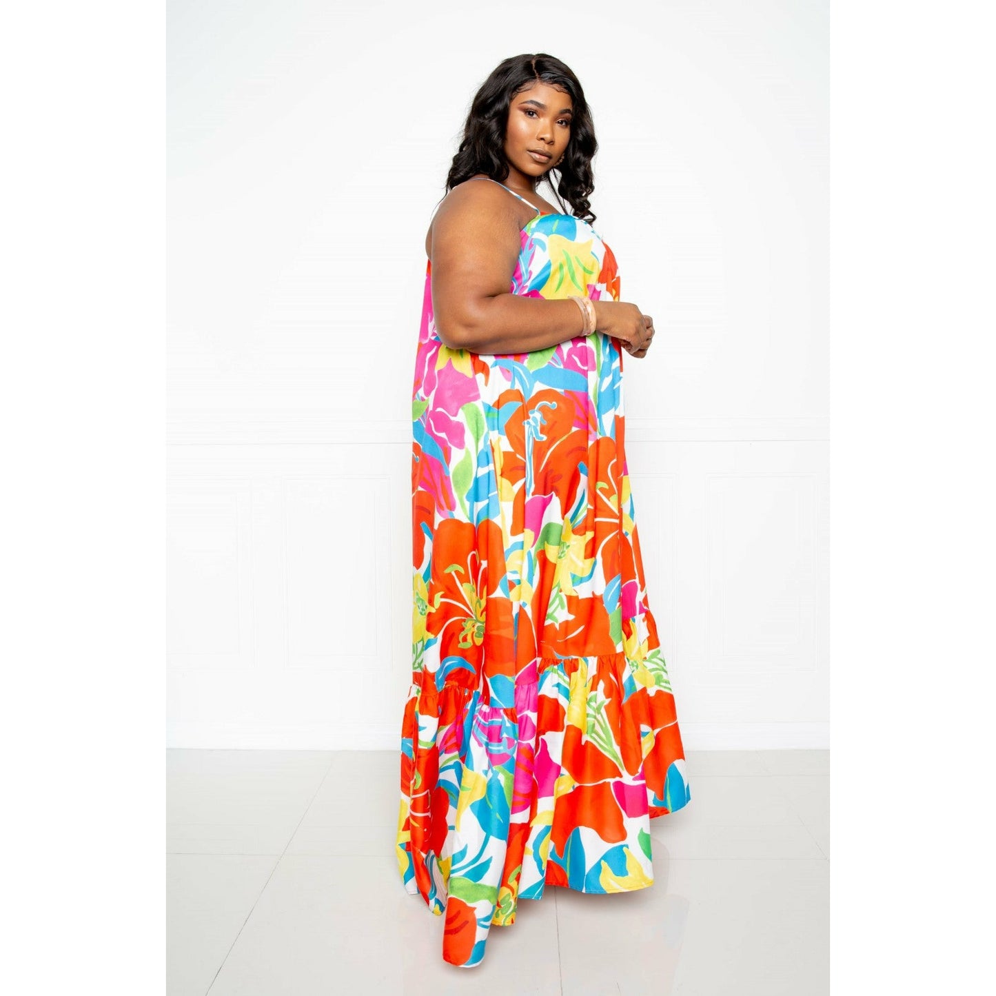 Plus-size Orange Floral Voluminous Maxi Dress