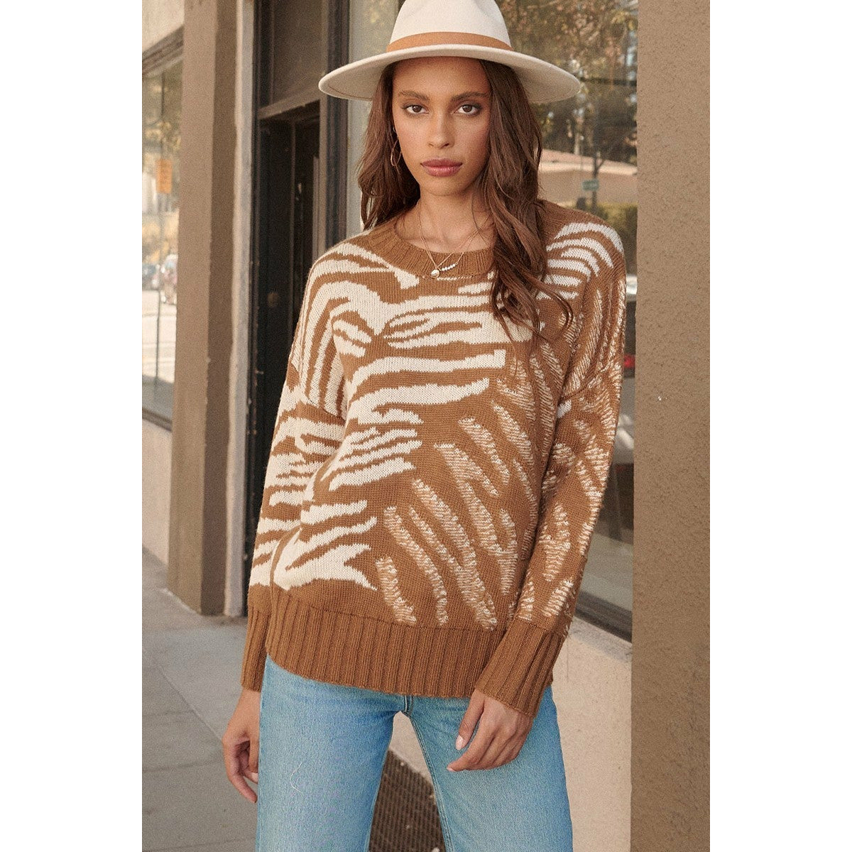 Camel Zebra Print Knitted Pullover Sweater