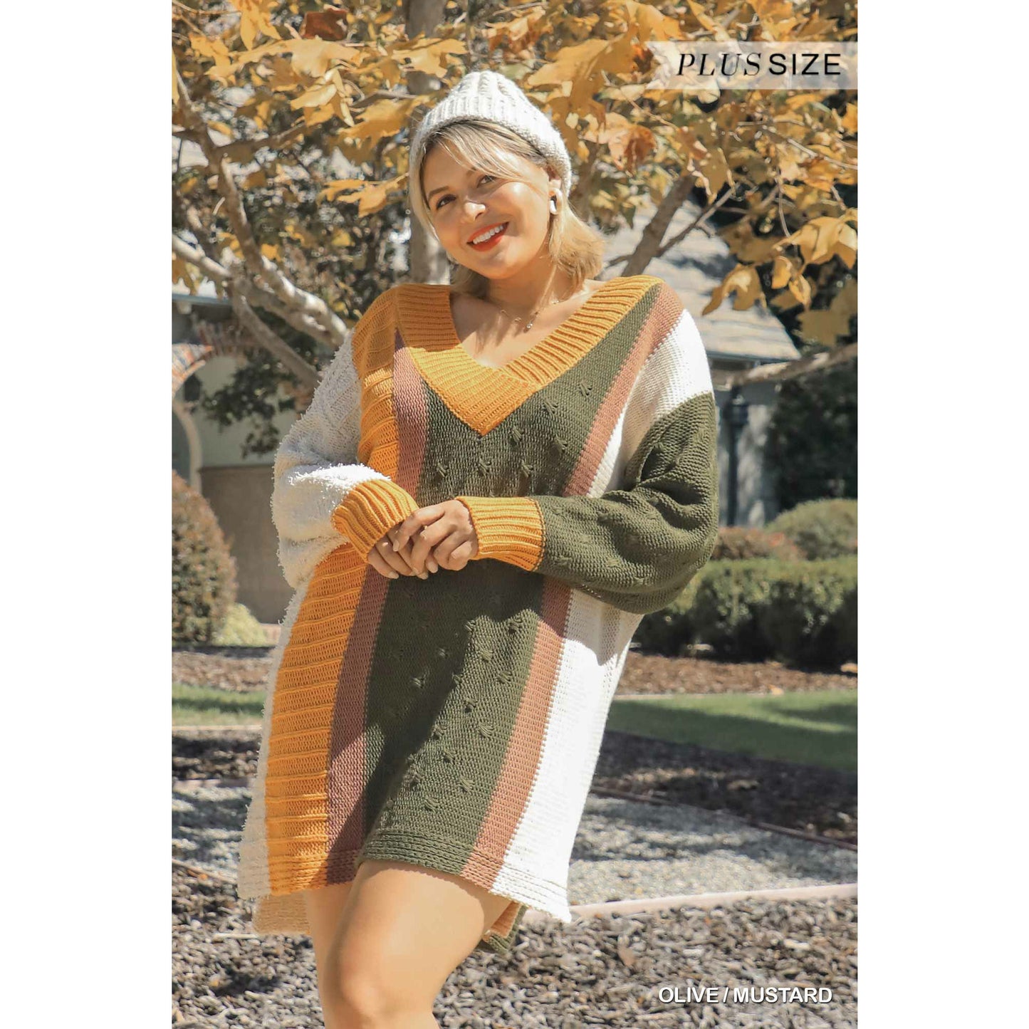 Plus-size Multicolor Bouclé V-neck Pullover Sweater Dress