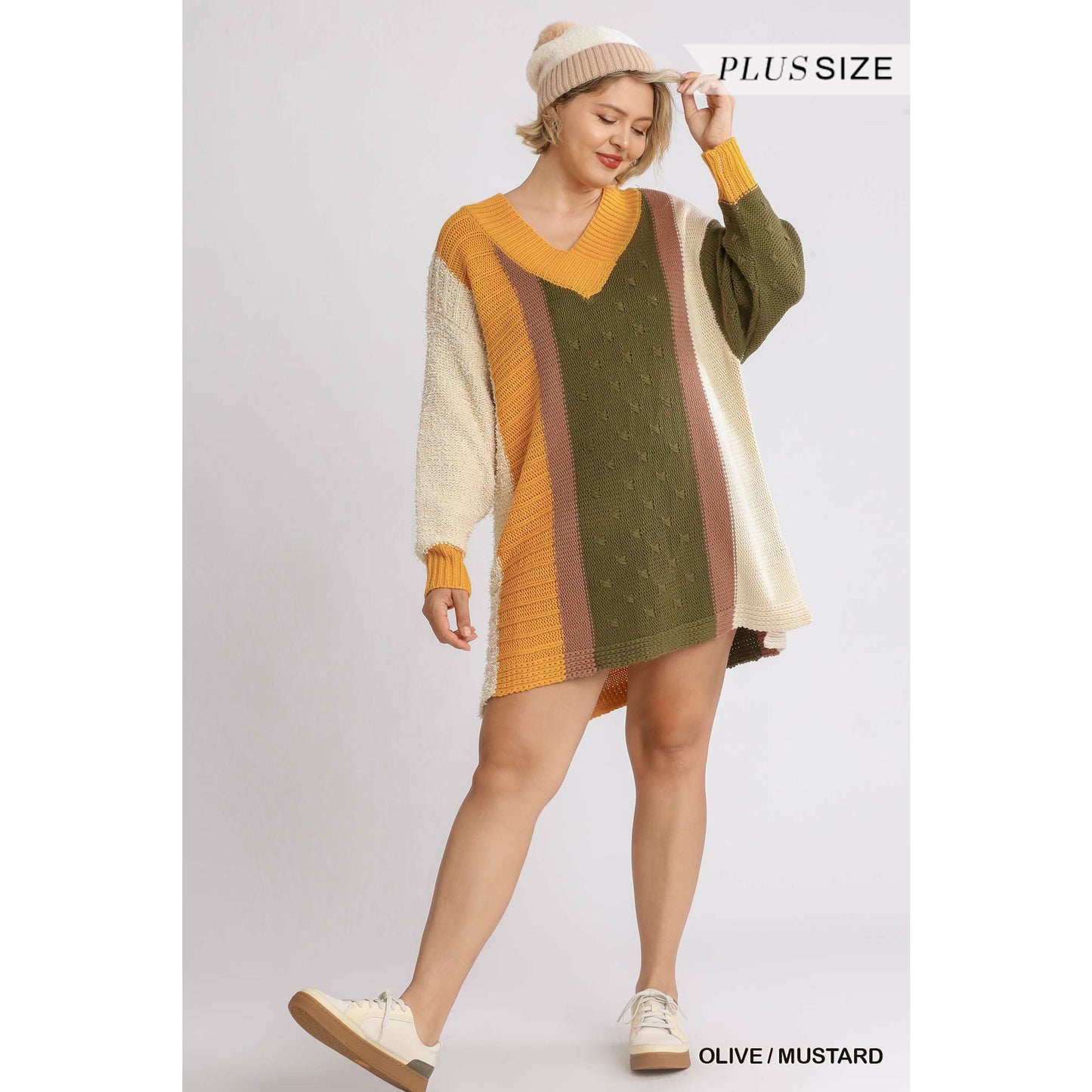 Plus-size Multicolor Bouclé V-neck Pullover Sweater Dress