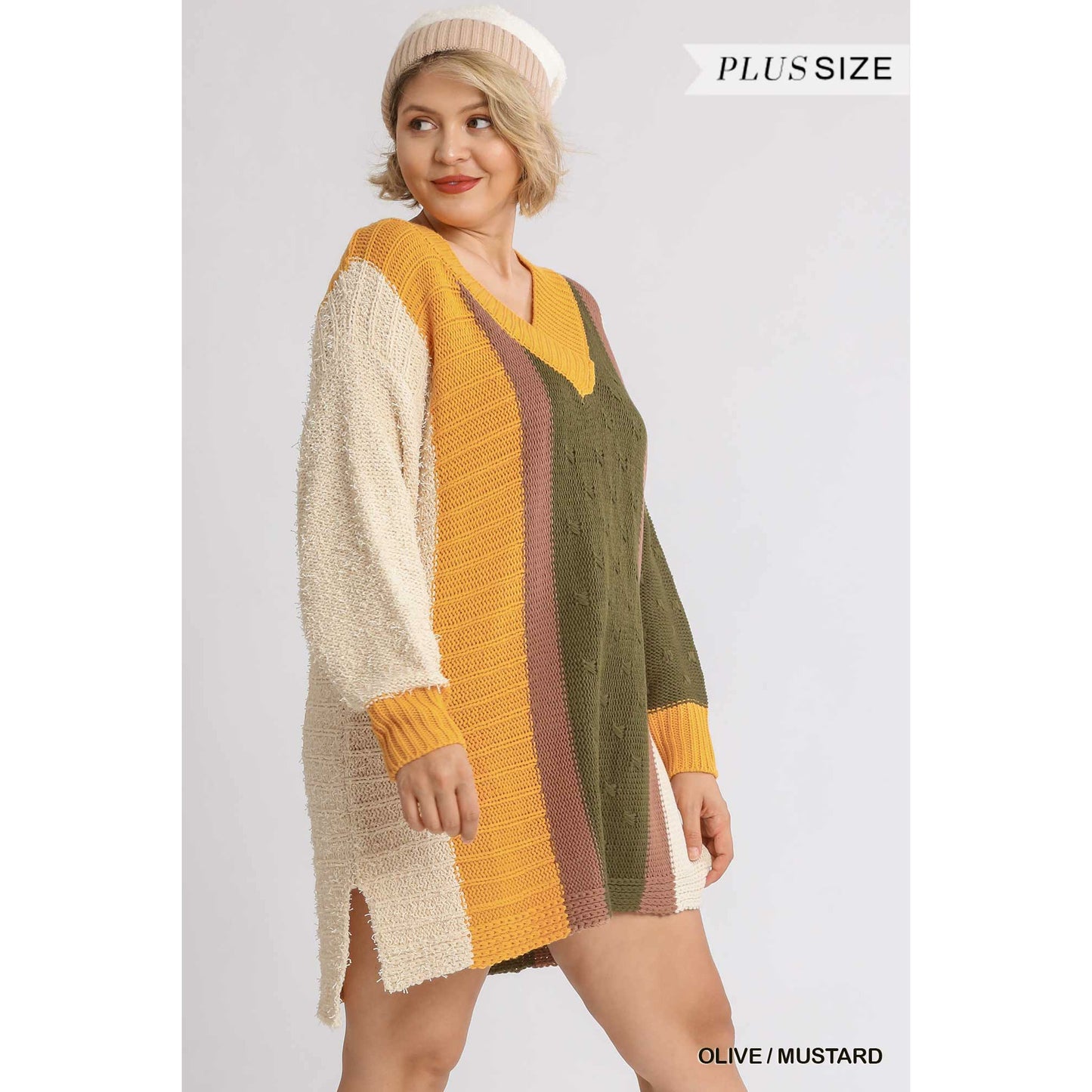 Plus-size Multicolor Bouclé V-neck Pullover Sweater Dress