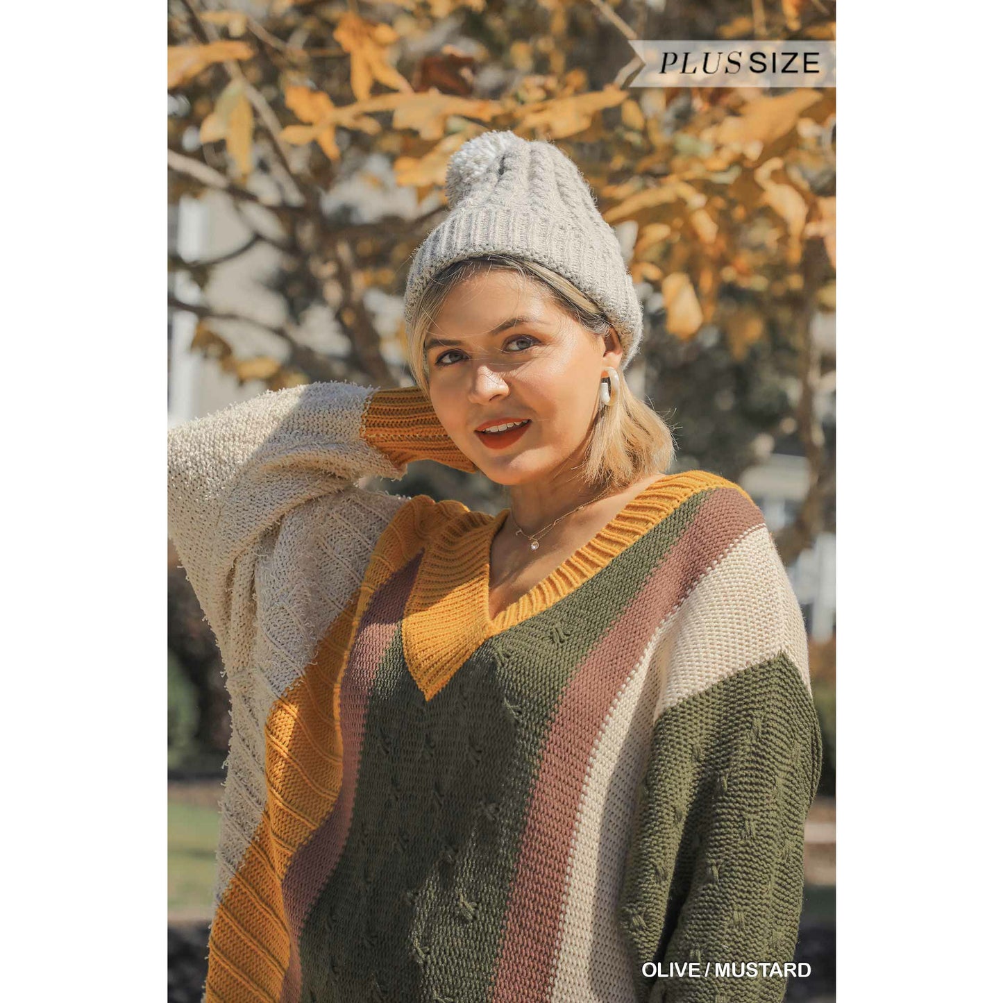 Plus-size Multicolor Bouclé V-neck Pullover Sweater Dress