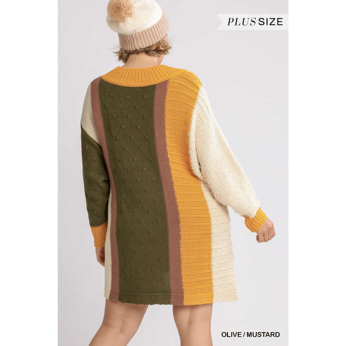 Plus-size Multicolor Bouclé V-neck Pullover Sweater Dress