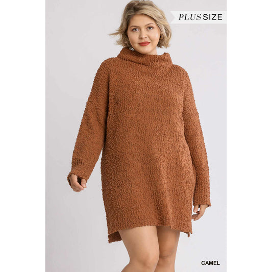 High Cowl Neck Bouclé plus-size Long Sleeve Camel Sweater Dress