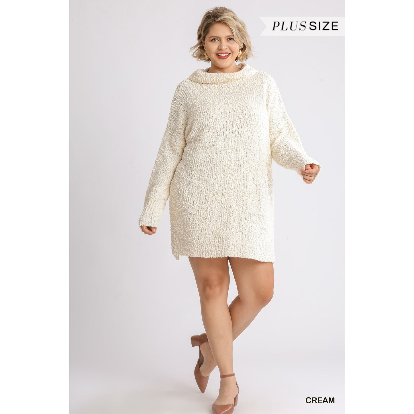 High Cowl Neck Bouclé Plus-size Long Sleeve Sweater Dress