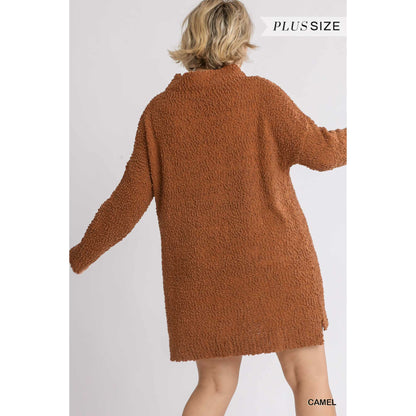 High Cowl Neck Bouclé plus-size Long Sleeve Camel Sweater Dress