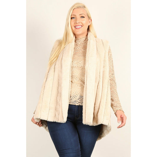 Blush Plus Size Faux Fur Vest Jacket With Open Front, Hi-lo Hem, And Pockets