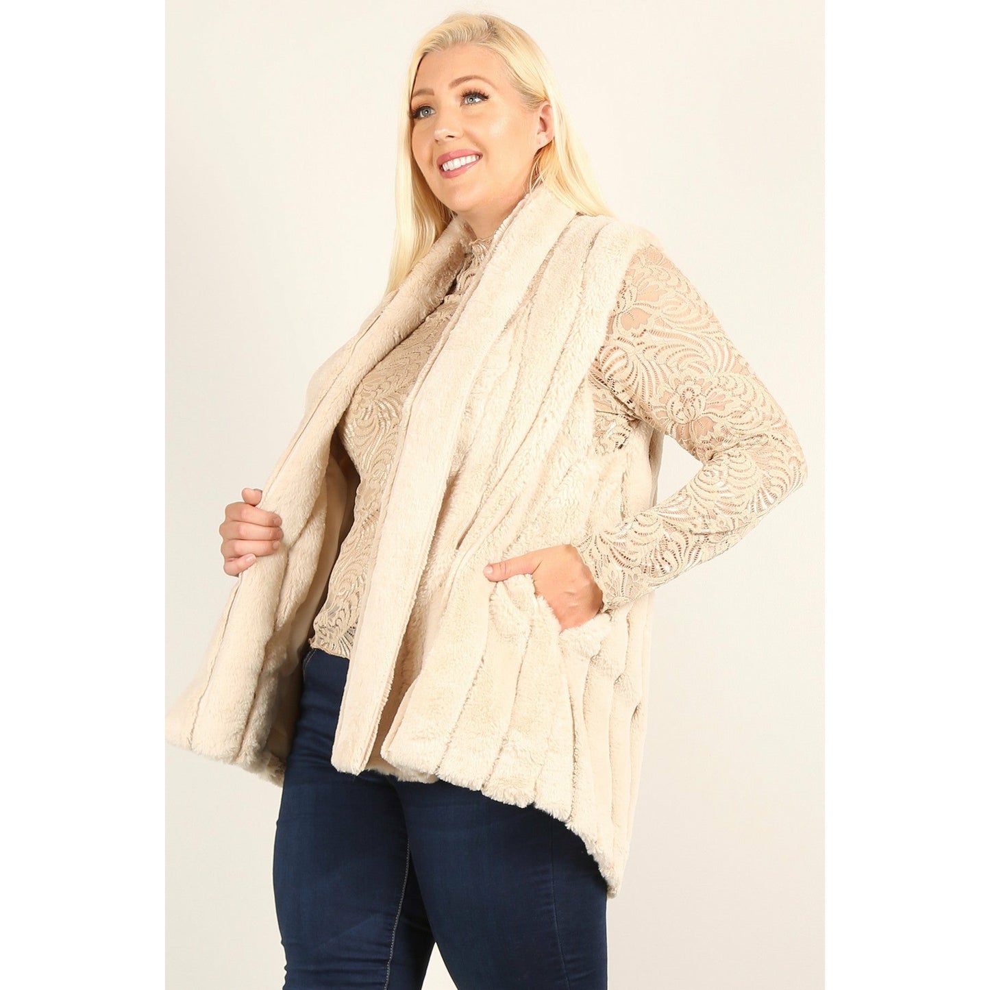 Veste Gilet En Fausse Fourrure De Grande Taille Avec Devant Ouvert, Ourlet Hi-lo Et Poches