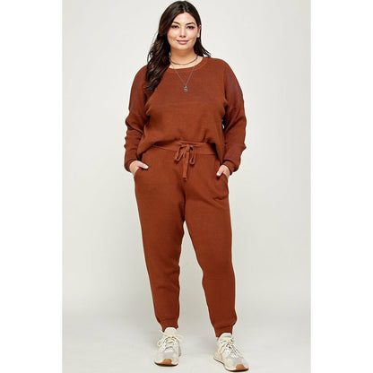 Brown Plus Size Solid Sweater Knit Top And Pant Set