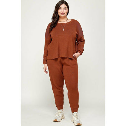 Brown Plus Size Solid Sweater Knit Top And Pant Set