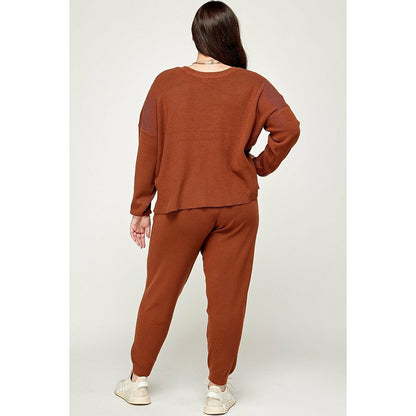 Brown Plus Size Solid Sweater Knit Top And Pant Set