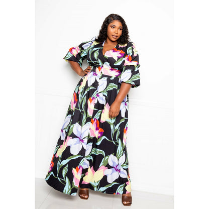 Black Plus-size Floral Puff Sleeve Maxi Dress with front buttons