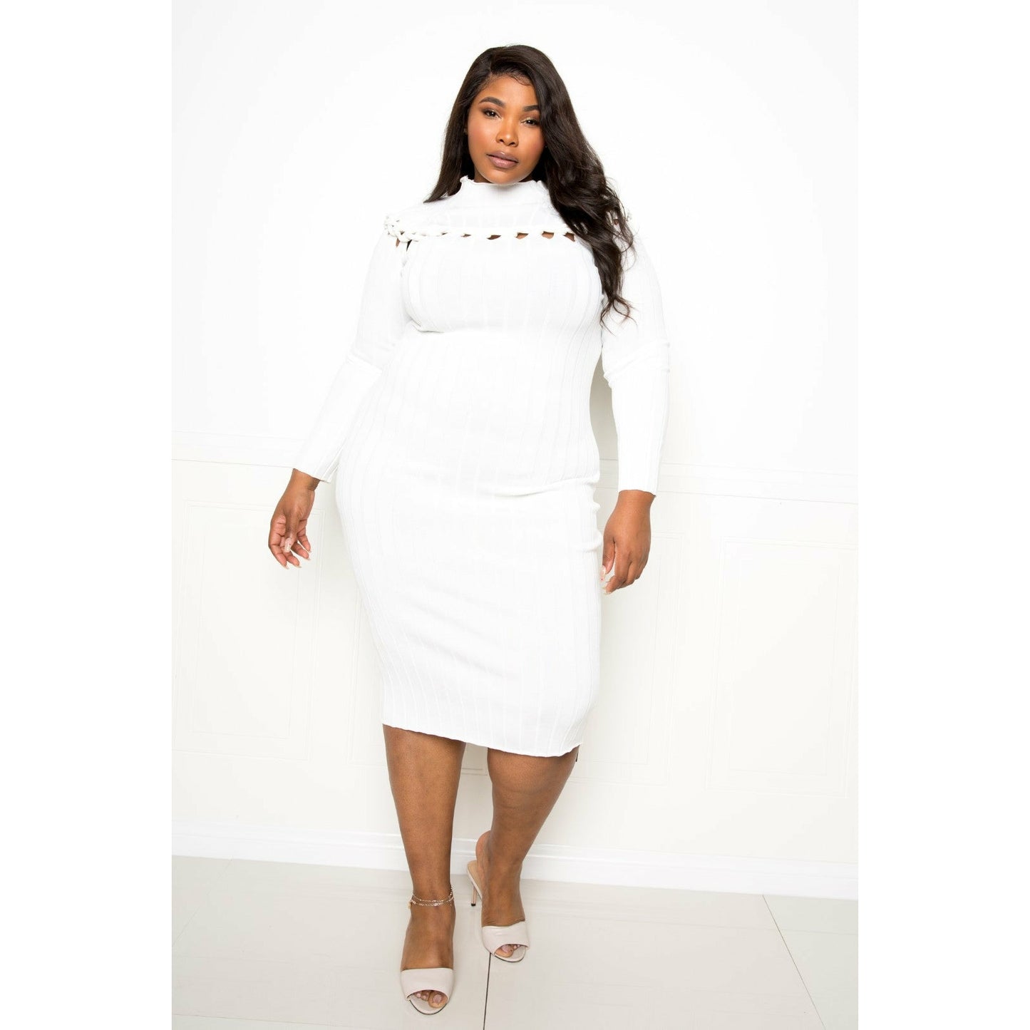 White Plus Bodycon Sweater Dress With Knot Detail