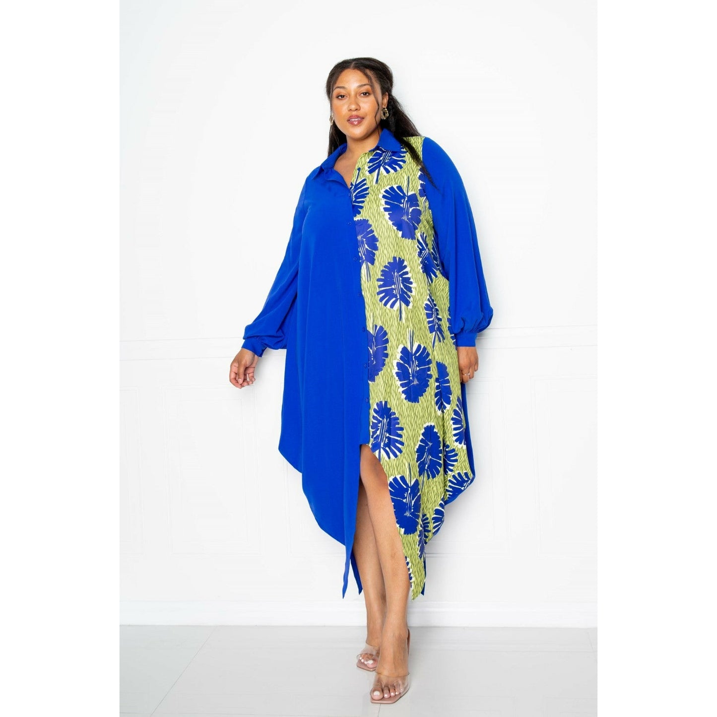 Blue Plus-size High-low Drapy Maxi Shirt Dress