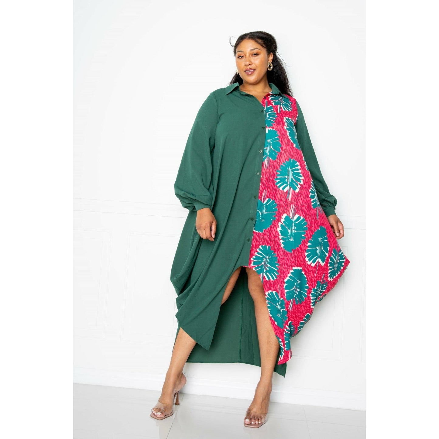 Teal Plus-size Maxi Drape Shirt Dress