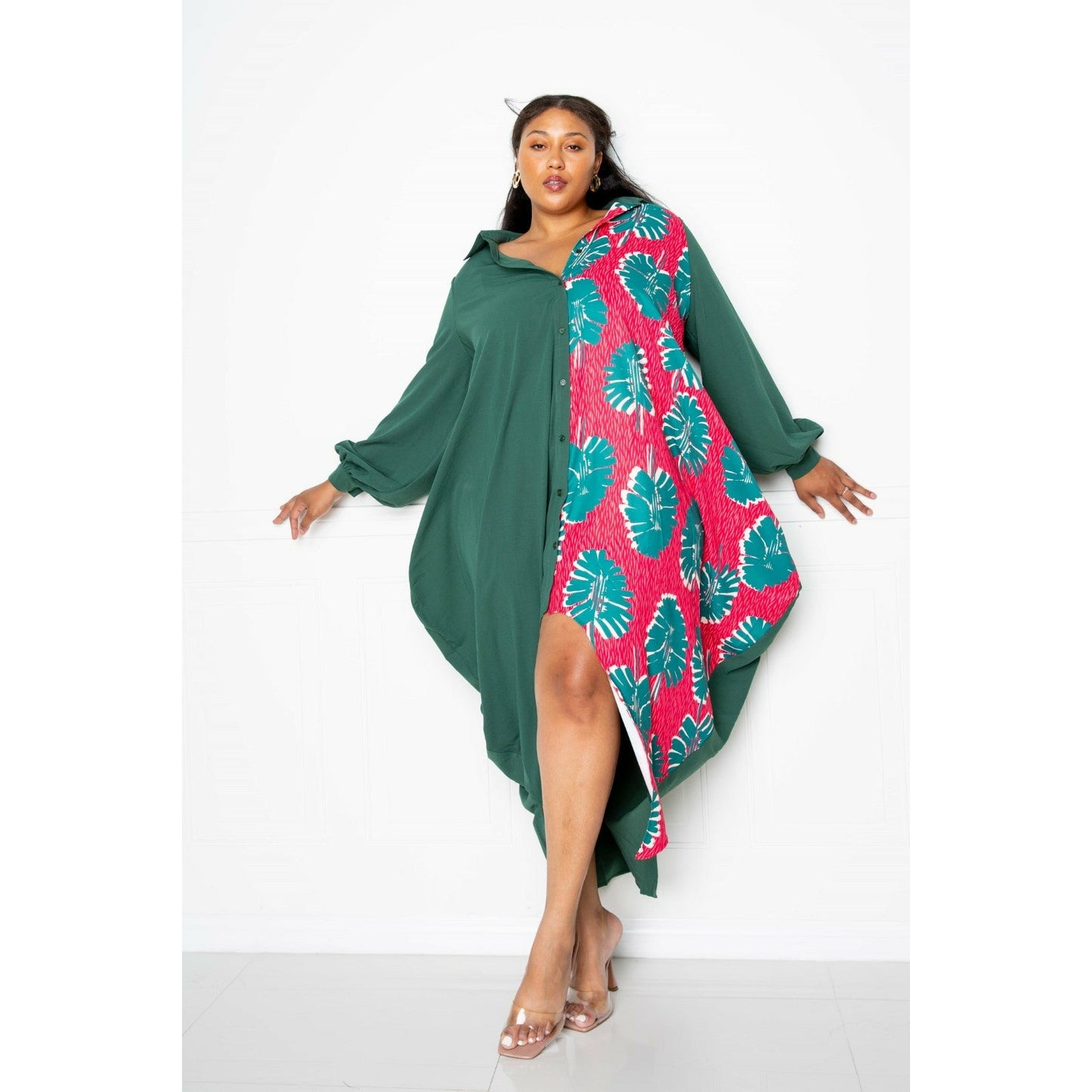 Teal Plus-size Maxi Drape Shirt Dress