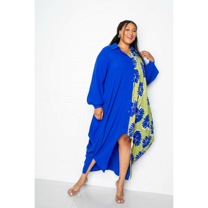 Blue Plus-size High-low Drapy Maxi Shirt Dress