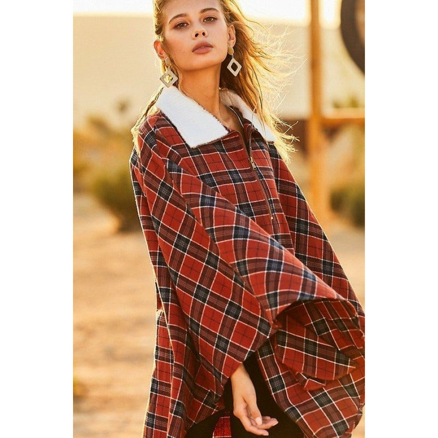 Rust Plaid Poncho with Mock Neck and Front Pockets