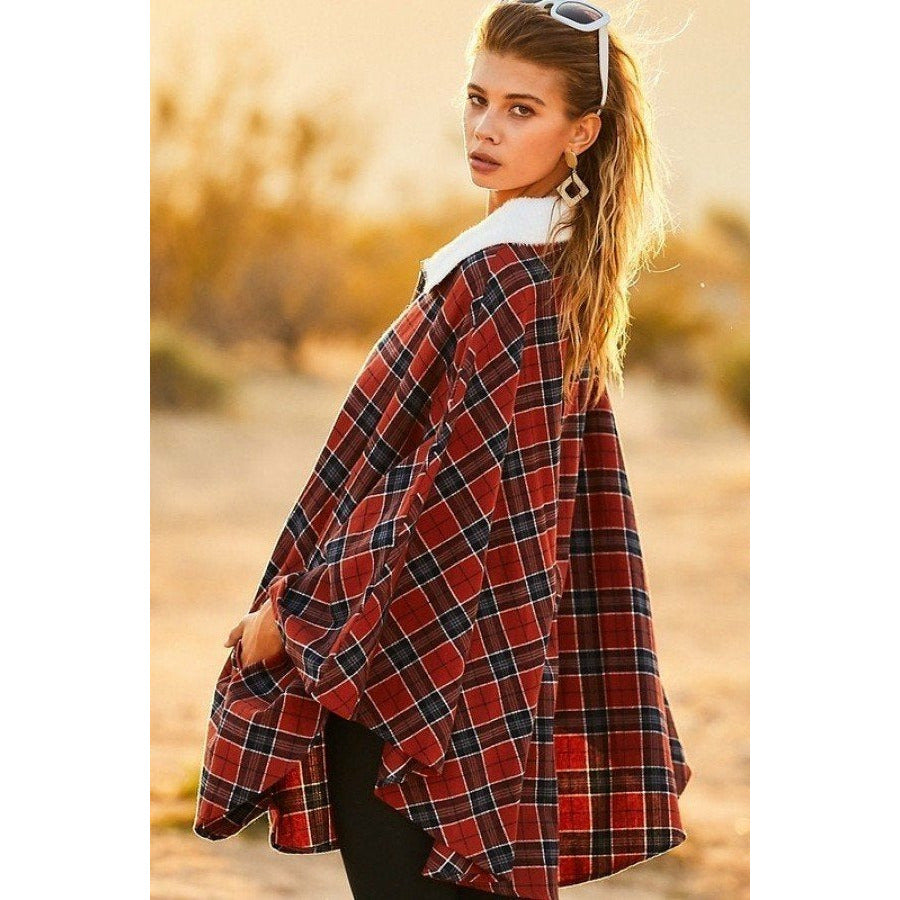 Rust Plaid Poncho with Mock Neck and Front Pockets