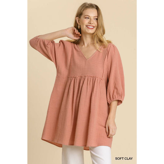 Mini Tunic Dress Gauze Slub V-Neckline in Soft Clay