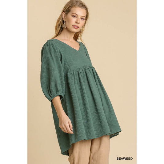 Mini Tunic Dress with Gauze Slub V-neck