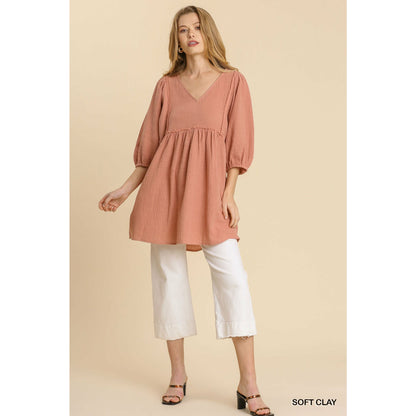 Mini Tunic Dress Gauze Slub V-Neckline in Soft Clay