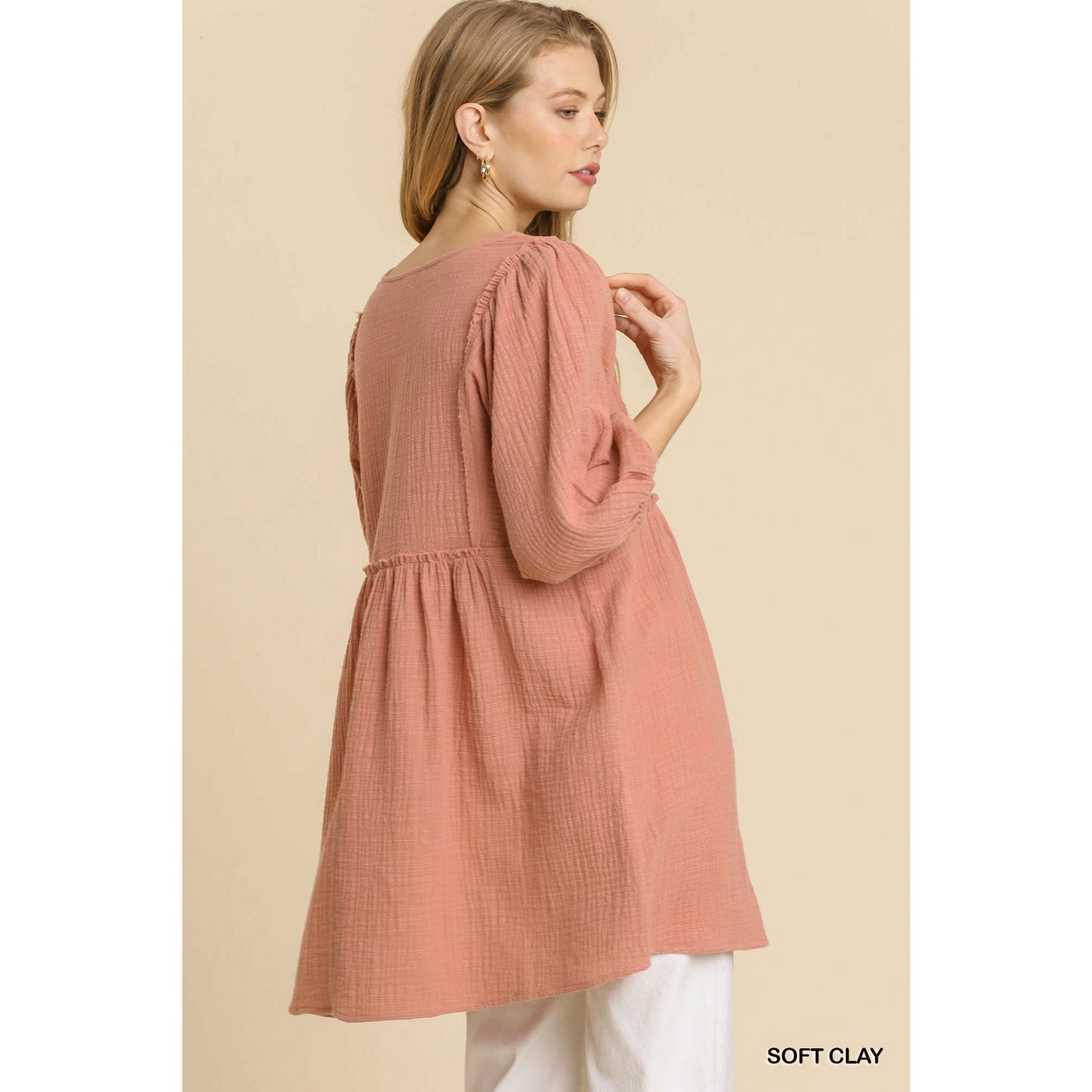 Mini Tunic Dress Gauze Slub V-Neckline in Soft Clay