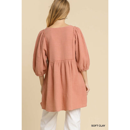 Mini Tunic Dress Gauze Slub V-Neckline in Soft Clay