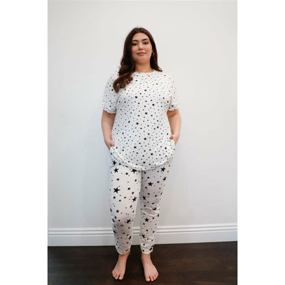 Plus-size White Lounge Shirt & Pant Set with Star Prints