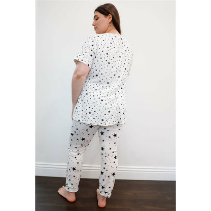 Plus-size White Lounge Shirt & Pant Set with Star Prints