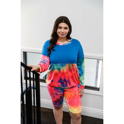 Plus Blue Neon Rainbow Tie-dye Colorblock Lounge Long Sleeve Top & Biker Shorts Set