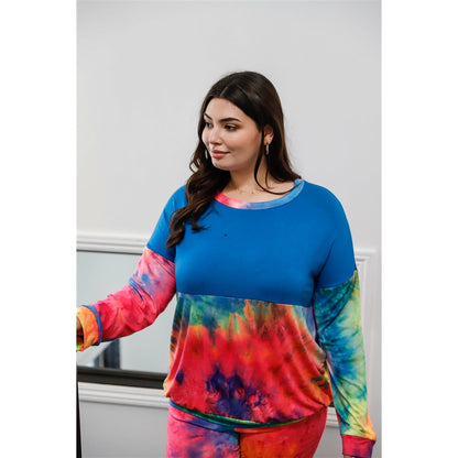 Plus Blue Neon Rainbow Tie-dye Colorblock Lounge Long Sleeve Top & Biker Shorts Set