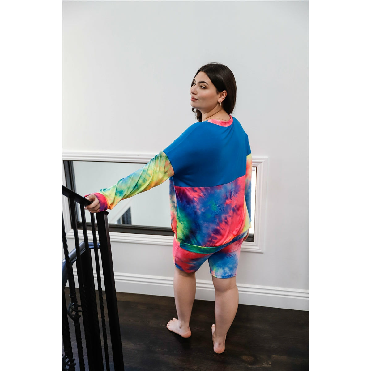 Plus Blue Neon Rainbow Tie-dye Colorblock Lounge Long Sleeve Top & Biker Shorts Set