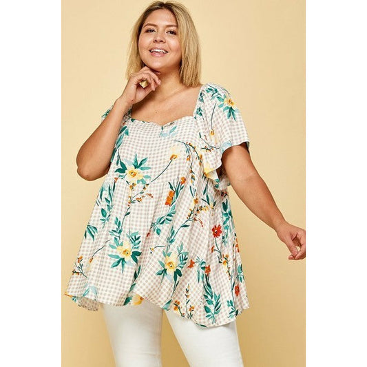 Plus Size Casual Floral Check Printed Rayon Challis Square Neck Fashion Top