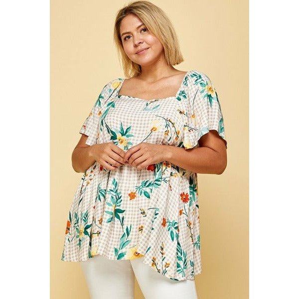 Plus Size Casual Floral Check Printed Rayon Challis Square Neck Fashion Top