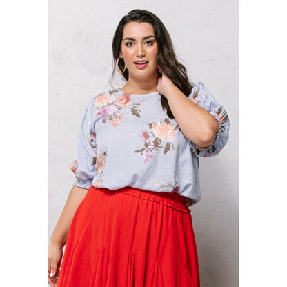 Plus-size Spring Blue Floral Printed Woven Blouse