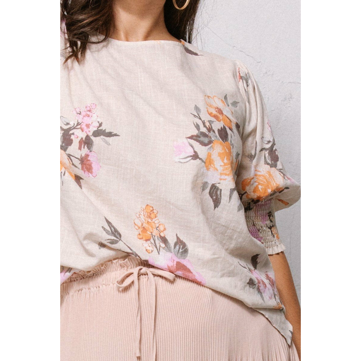 Plus-size Oatmeal Floral Printed Woven Blouse