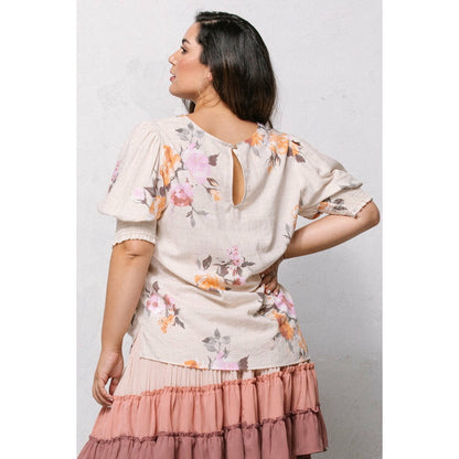 Plus-size Oatmeal Floral Printed Woven Blouse