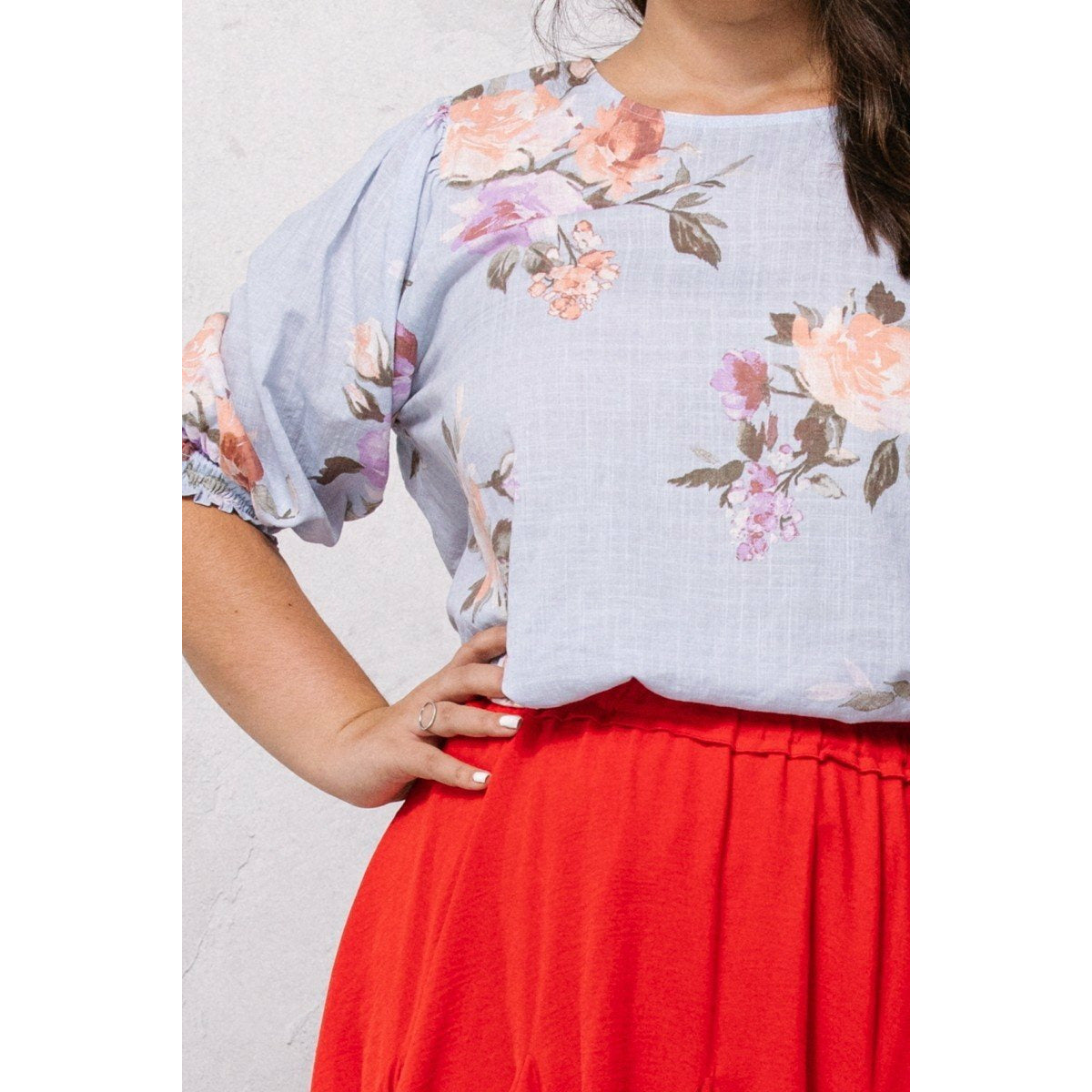 Plus-size Spring Blue Floral Printed Woven Blouse