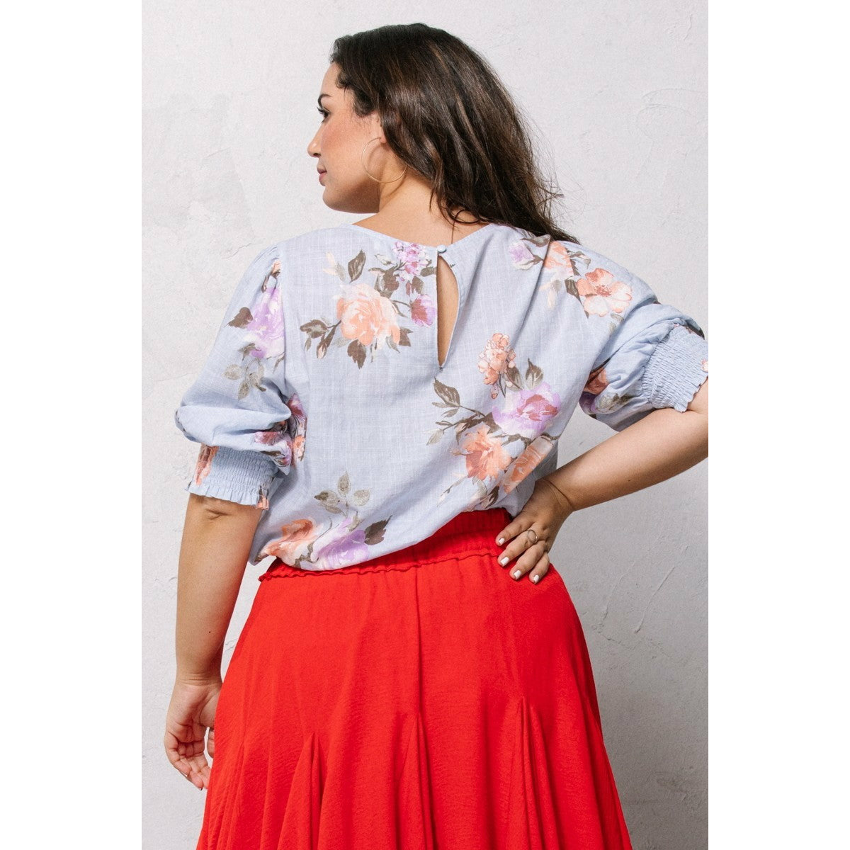 Plus-size Spring Blue Floral Printed Woven Blouse