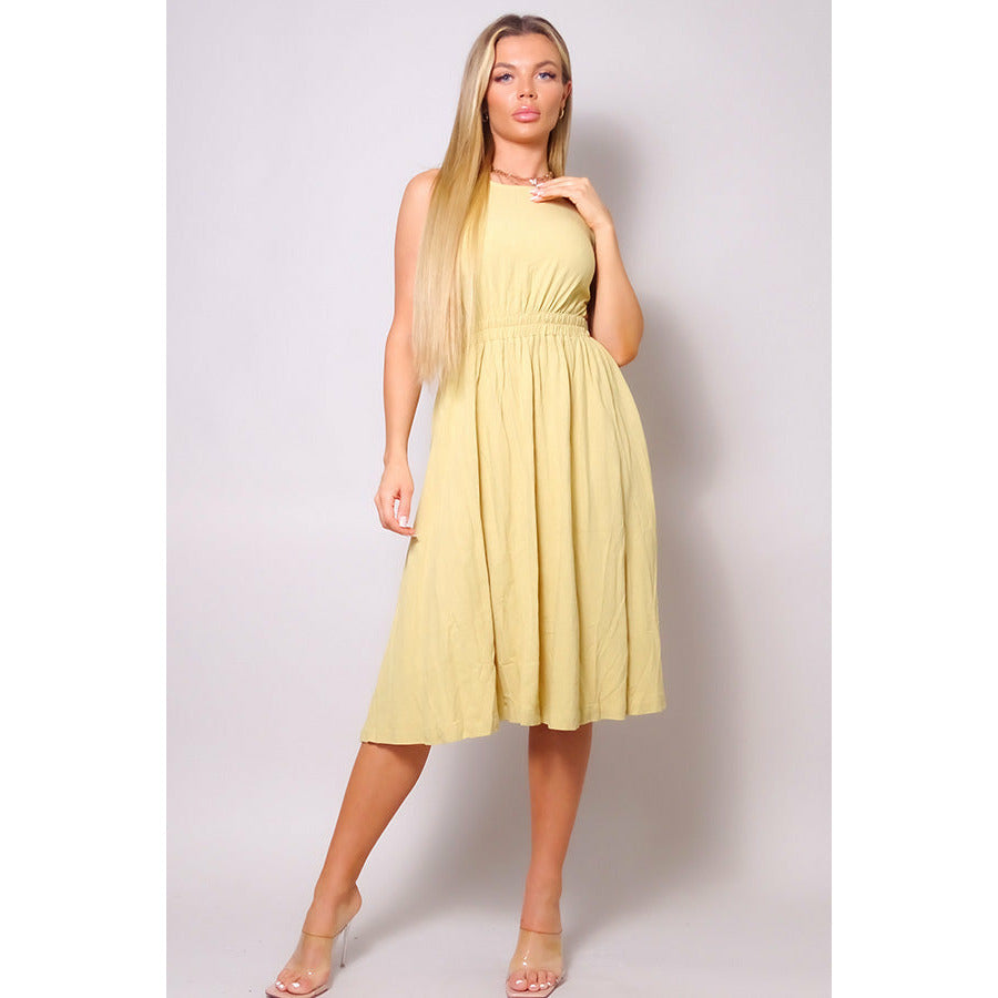 Midi Sleeveless Flare Back Cutout Linen Cocktail Dress