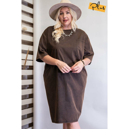 Plus-size Casual Mineral Washed Loose Fit Midi Dress