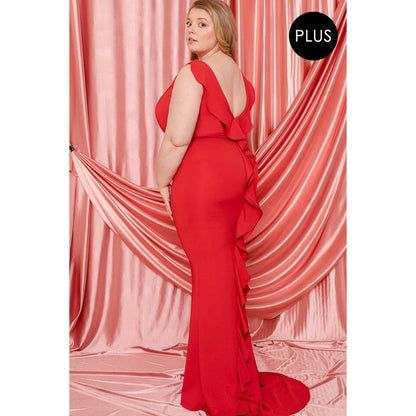 Red Ruffle Draped Tail Formal Plus Size Maxi Dress