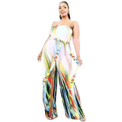 Plus-size Strapless Color Brushed Jumpsuit with Waist Tie