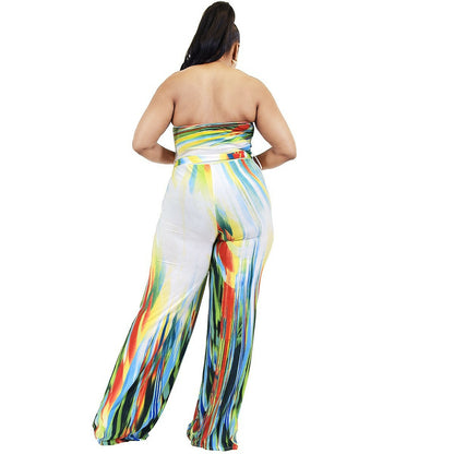 Plus-size Strapless Color Brushed Jumpsuit with Waist Tie