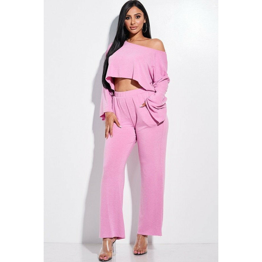 2 Piece Pink French Terry Long Slouchy Long Sleeve Top & Pants Set