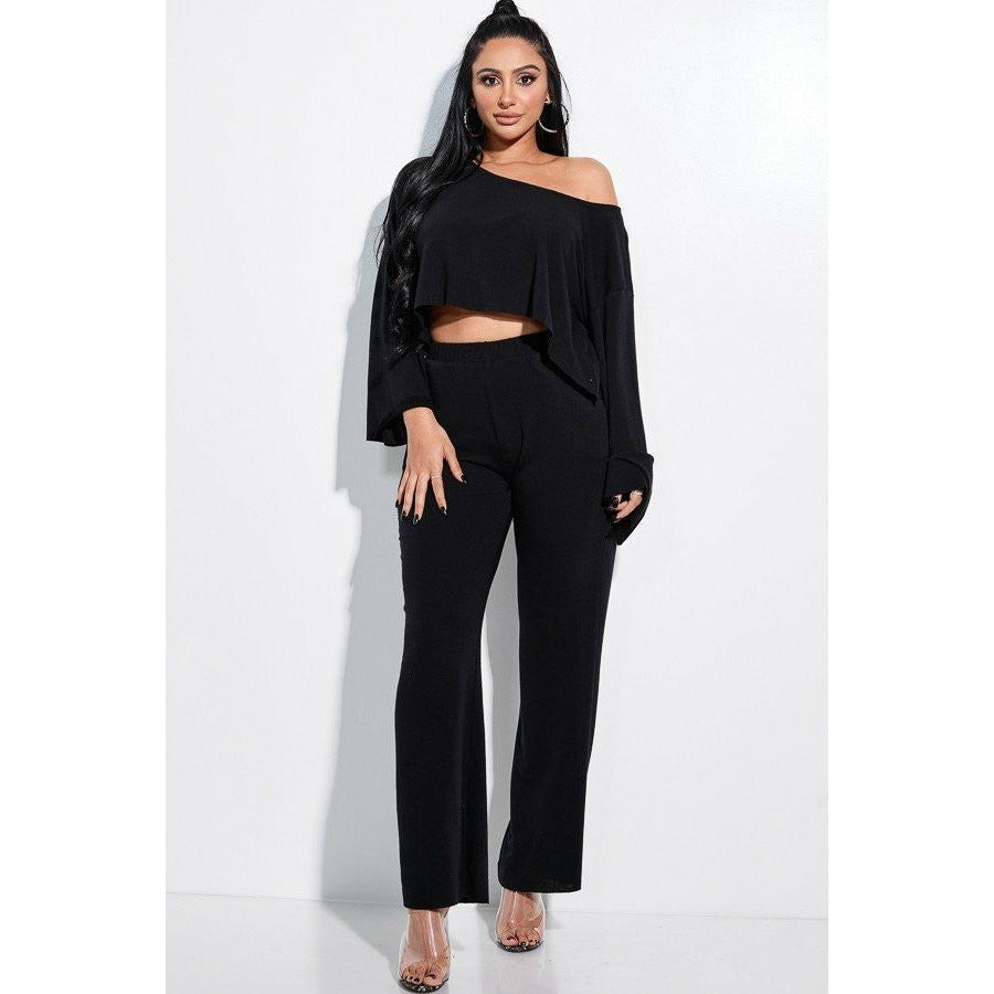 2 Piece Black French Terry Long Slouchy Long Sleeve Top & Pants